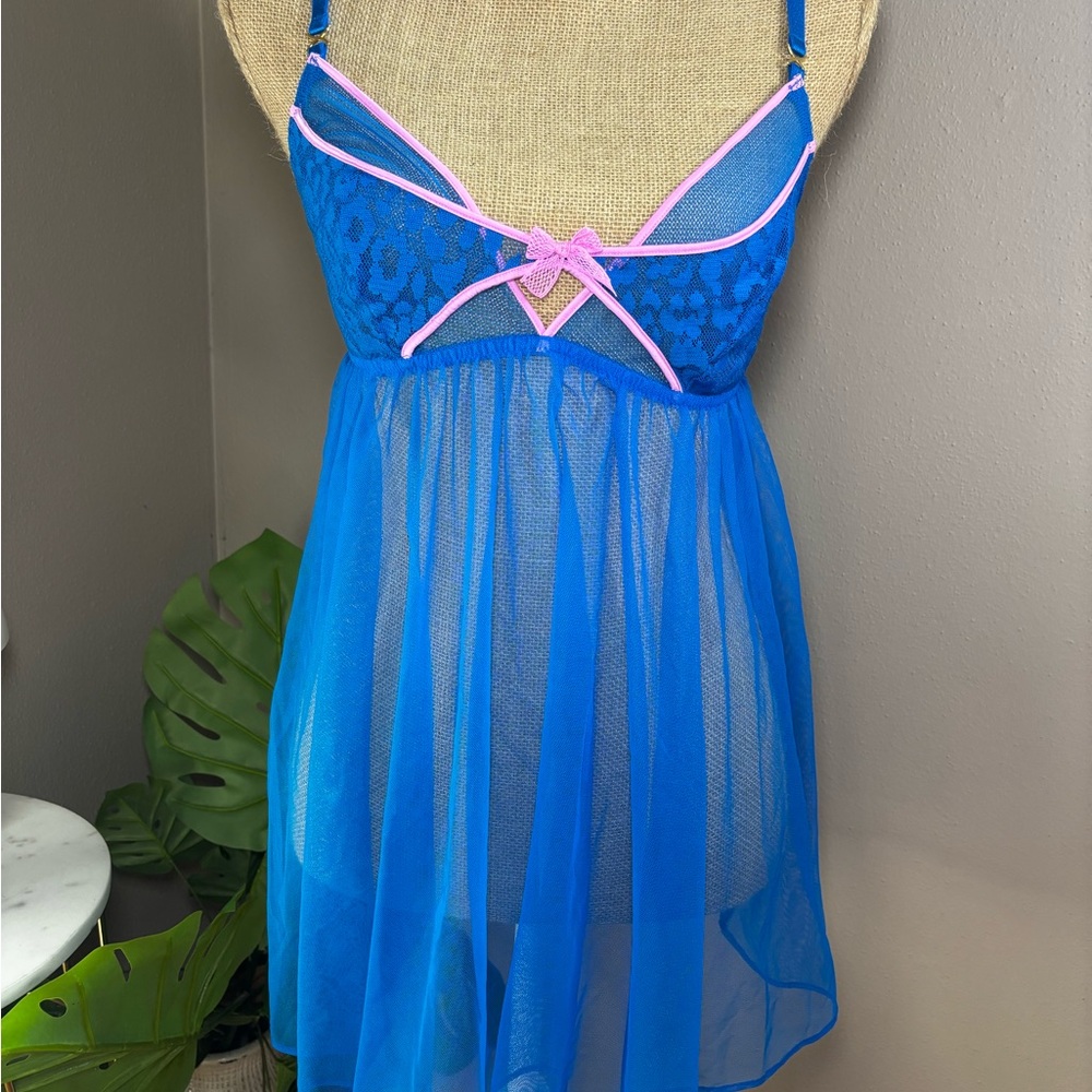 Victoria’s Secret Negligee Sheer Blue Babydoll Dress Size Large Crisscross Strap